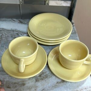 FIESTA YELLOW  BUNDLE . 2 cups& saucers & 3 7 inch dessert dishes .